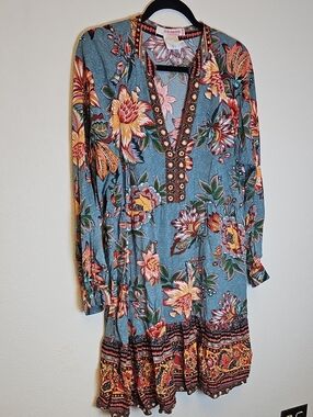 Blue Floral Long-Sleeve V-Neck Dress
